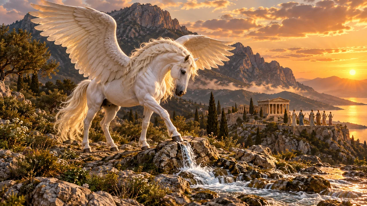 Pegasus strikes a rock with his forehoof and the Hippocrene spring flows out, while Muses in classical robes stand far away near a temple.