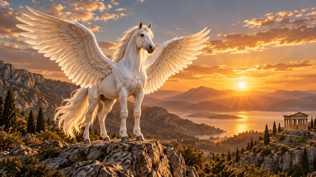White Pegasus stands on a rocky ledge on Mount Helicon with four legs and two outspread wings, against a golden sunset and a distant ancient Greek temple.