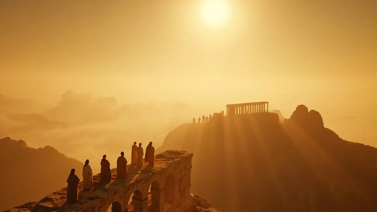 Ancient figures crossing a stone bridge toward a temple above the clouds